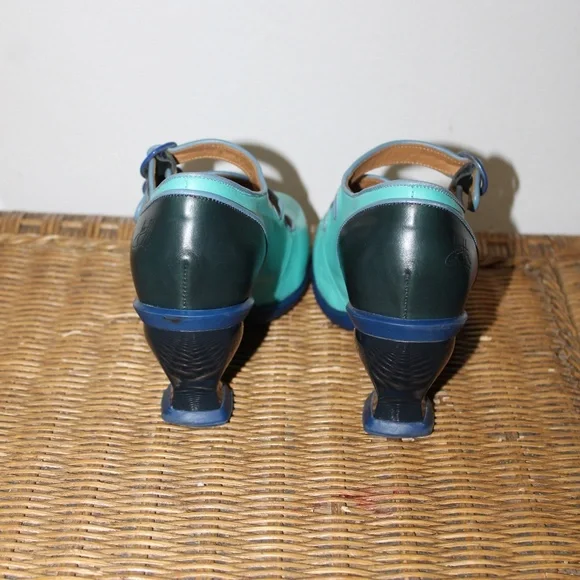 John Fluevog Teal & Navy Mary Jane Heels.  Sz. 10 - Picture 3 of 12